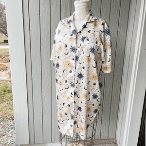 Vintage 90s Kathryn Celestial Sun Moon Print Button-Front Nightshirt Dress